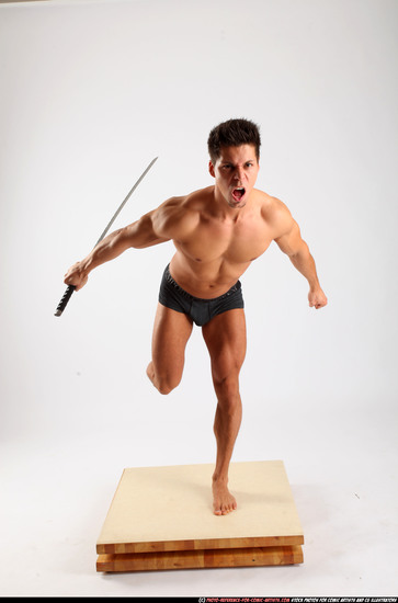 Man Adult Athletic White Fighting with sword Standing poses Underwear