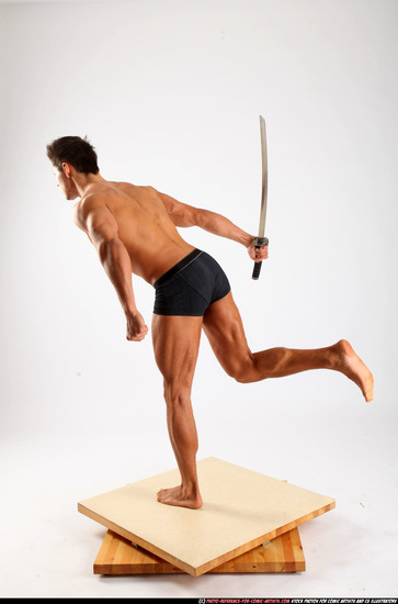 Man Adult Athletic White Fighting with sword Standing poses Underwear