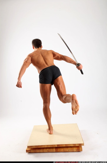 Man Adult Athletic White Fighting with sword Standing poses Underwear