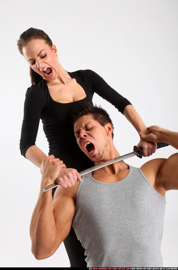 Man & Woman Adult Athletic White Fighting with sword Execution Casual