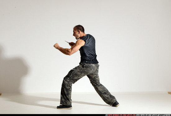 Man Adult Muscular White Fighting with knife Moving poses Army