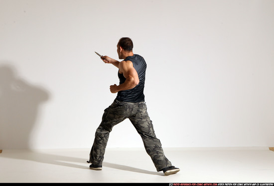 Man Adult Muscular White Fighting with knife Moving poses Army