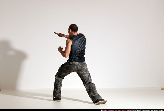 Man Adult Muscular White Fighting with knife Moving poses Army