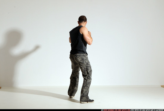 Man Adult Muscular White Fighting with knife Moving poses Army