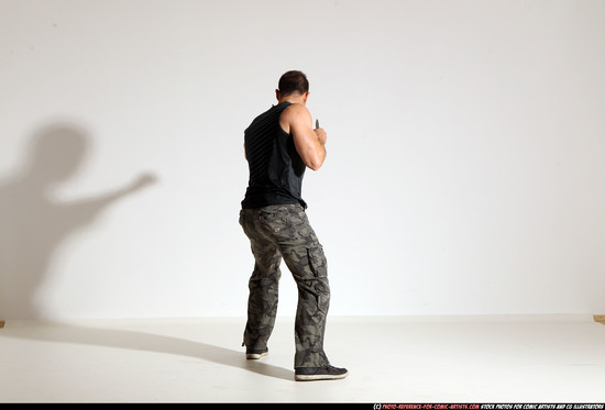 Man Adult Muscular White Fighting with knife Moving poses Army