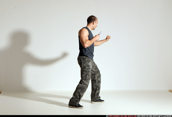 Man Adult Muscular White Fighting with knife Moving poses Army