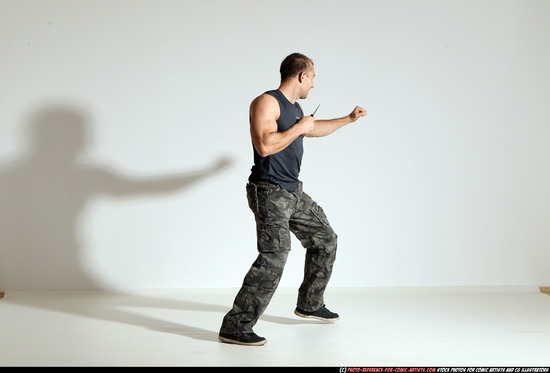 Man Adult Muscular White Fighting with knife Moving poses Army