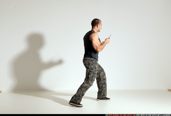 Man Adult Muscular White Fighting with knife Moving poses Army