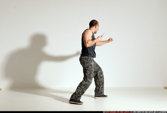 Man Adult Muscular White Fighting with knife Moving poses Army