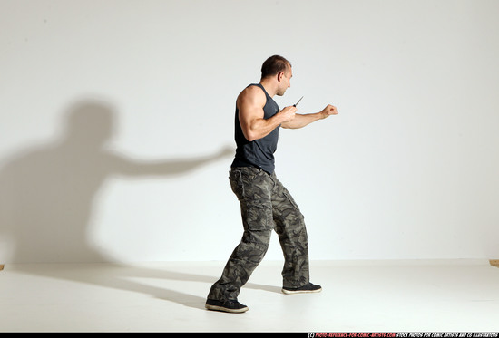 Man Adult Muscular White Fighting with knife Moving poses Army