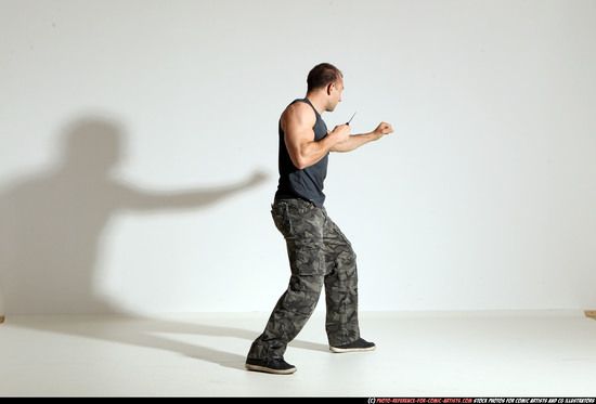 Man Adult Muscular White Fighting with knife Moving poses Army