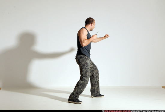 Man Adult Muscular White Fighting with knife Moving poses Army