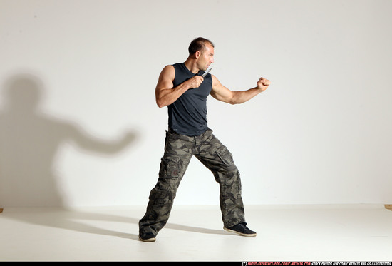 Man Adult Muscular White Fighting with knife Moving poses Army