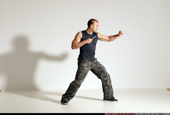 Man Adult Muscular White Fighting with knife Moving poses Army