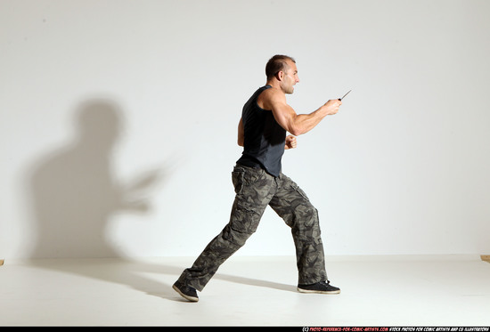 Man Adult Muscular White Fighting with knife Moving poses Army