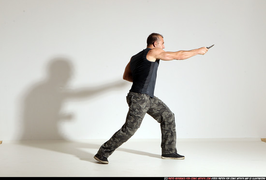 Man Adult Muscular White Fighting with knife Moving poses Army