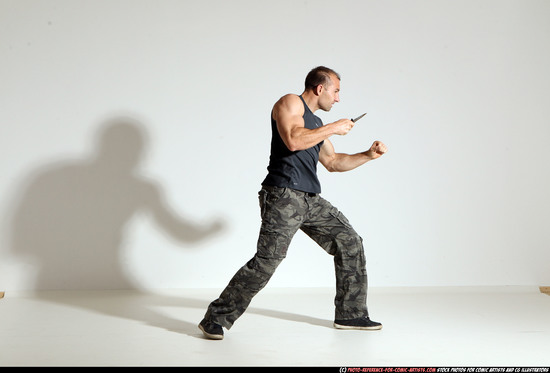 Man Adult Muscular White Fighting with knife Moving poses Army