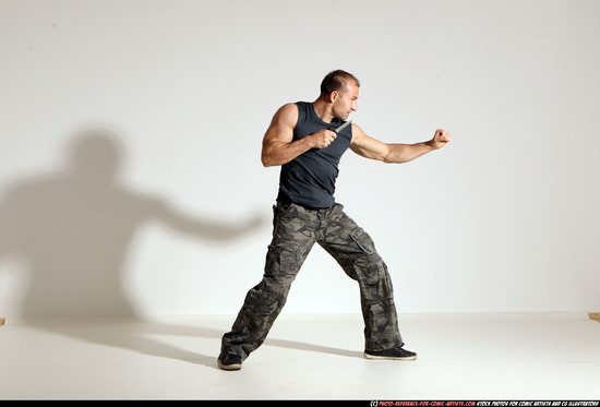 Man Adult Muscular White Fighting with knife Moving poses Army