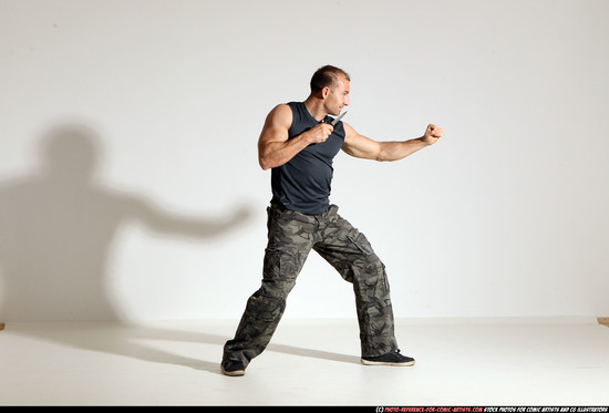 Man Adult Muscular White Fighting with knife Moving poses Army