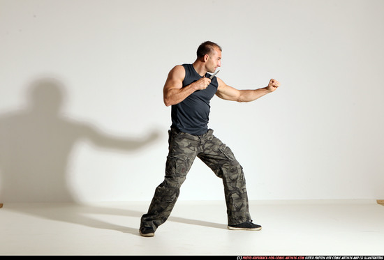 Man Adult Muscular White Fighting with knife Moving poses Army