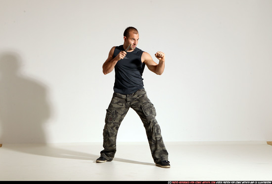 Man Adult Muscular White Fighting with knife Moving poses Army