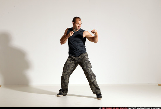 Man Adult Muscular White Fighting with knife Moving poses Army