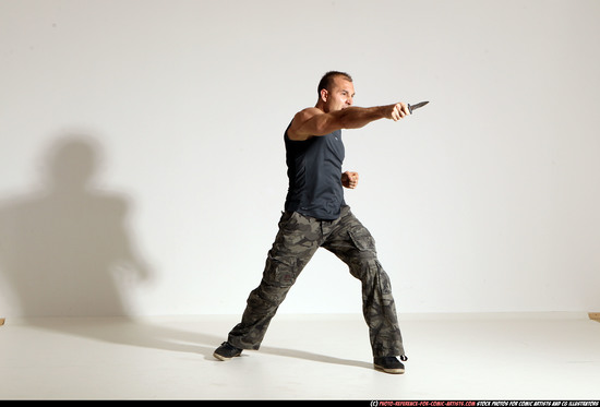 Man Adult Muscular White Fighting with knife Moving poses Army