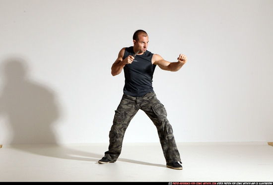 Man Adult Muscular White Fighting with knife Moving poses Army