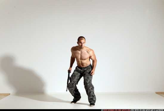 Man Adult Muscular White Fighting with submachine gun Moving poses Pants