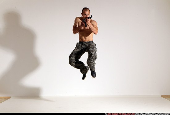 Man Adult Muscular White Fighting with submachine gun Moving poses Pants