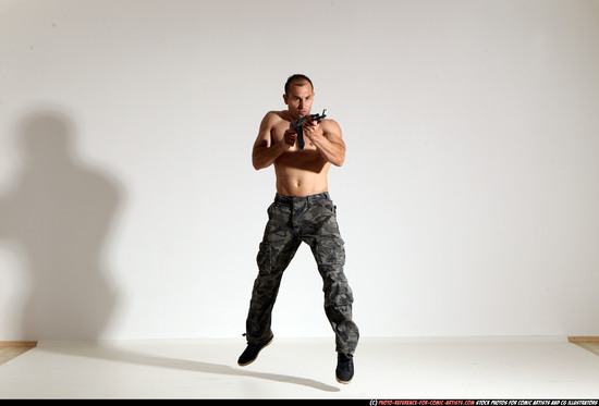 Man Adult Muscular White Fighting with submachine gun Moving poses Pants