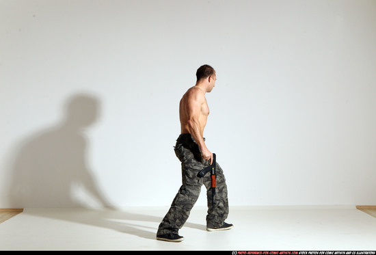 Man Adult Muscular White Fighting with submachine gun Moving poses Pants