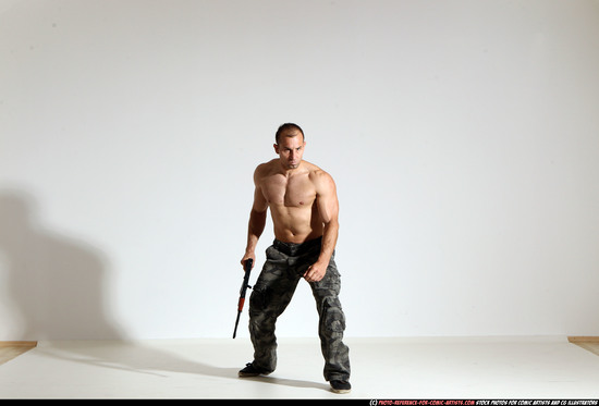 Man Adult Muscular White Fighting with submachine gun Moving poses Pants