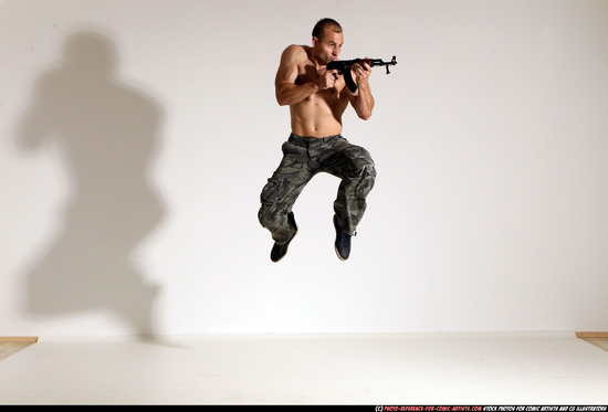 Man Adult Muscular White Fighting with submachine gun Moving poses Pants