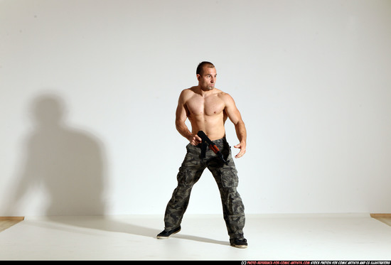 Man Adult Muscular White Fighting with submachine gun Moving poses Pants