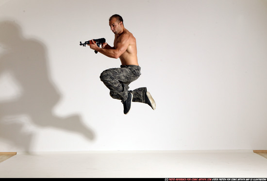 Man Adult Muscular White Fighting with submachine gun Moving poses Pants