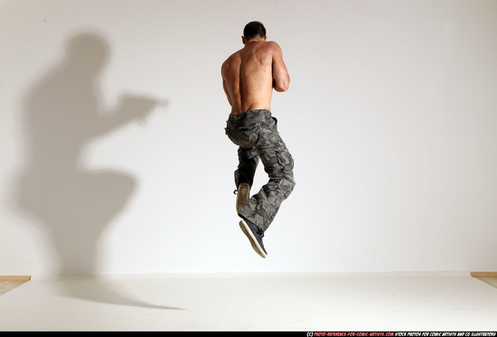 Man Adult Muscular White Fighting with submachine gun Moving poses Pants