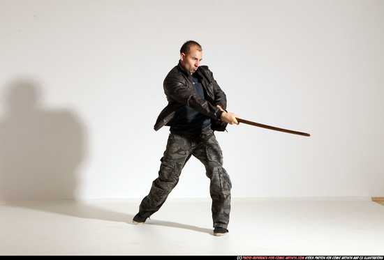 Man Adult Athletic White Fighting with sword Moving poses Casual