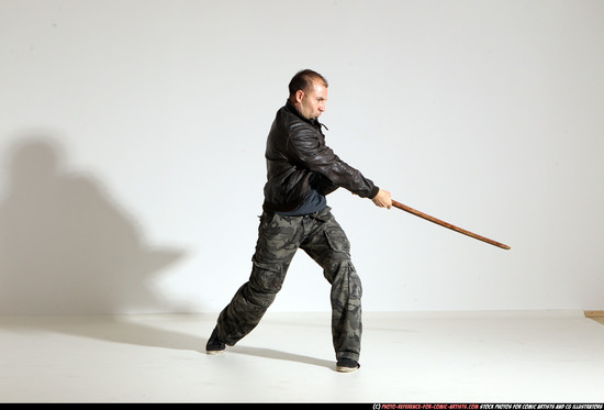 Man Adult Athletic White Fighting with sword Moving poses Casual