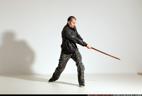 Man Adult Athletic White Fighting with sword Moving poses Casual