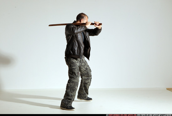 Man Adult Athletic White Fighting with sword Moving poses Casual