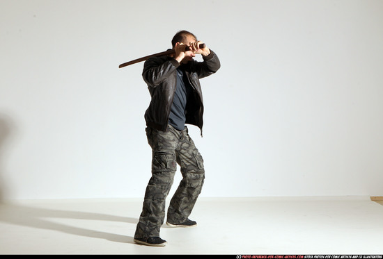 Man Adult Athletic White Fighting with sword Moving poses Casual