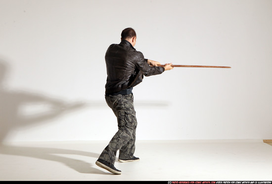 Man Adult Athletic White Fighting with sword Moving poses Casual