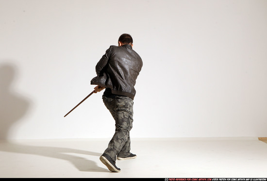 Man Adult Athletic White Fighting with sword Moving poses Casual