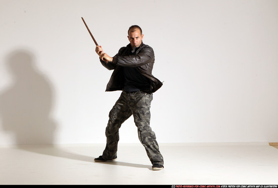 Man Adult Athletic White Fighting with sword Moving poses Casual