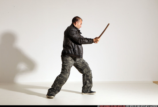 Man Adult Athletic White Fighting with sword Moving poses Casual