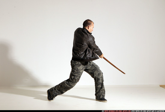 Man Adult Athletic White Fighting with sword Moving poses Casual