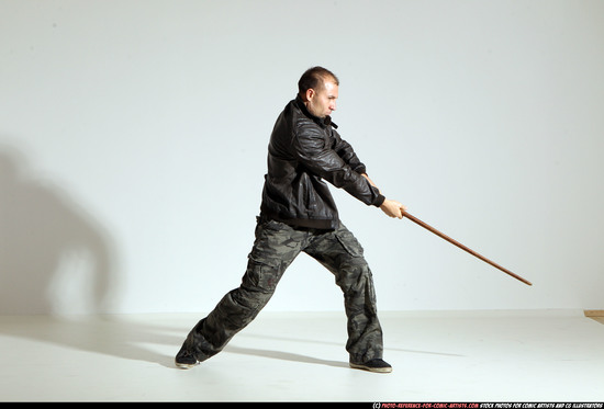 Man Adult Athletic White Fighting with sword Moving poses Casual