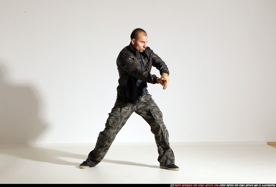 Man Adult Athletic White Fighting with sword Moving poses Casual