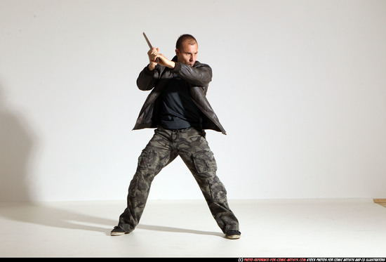 Man Adult Athletic White Fighting with sword Moving poses Casual